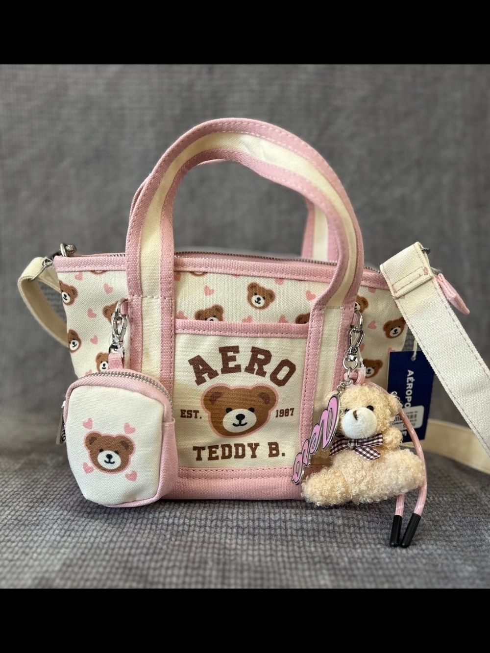 Aeropostale Pink & Cream Teddy Bear Tote with Plush Charm